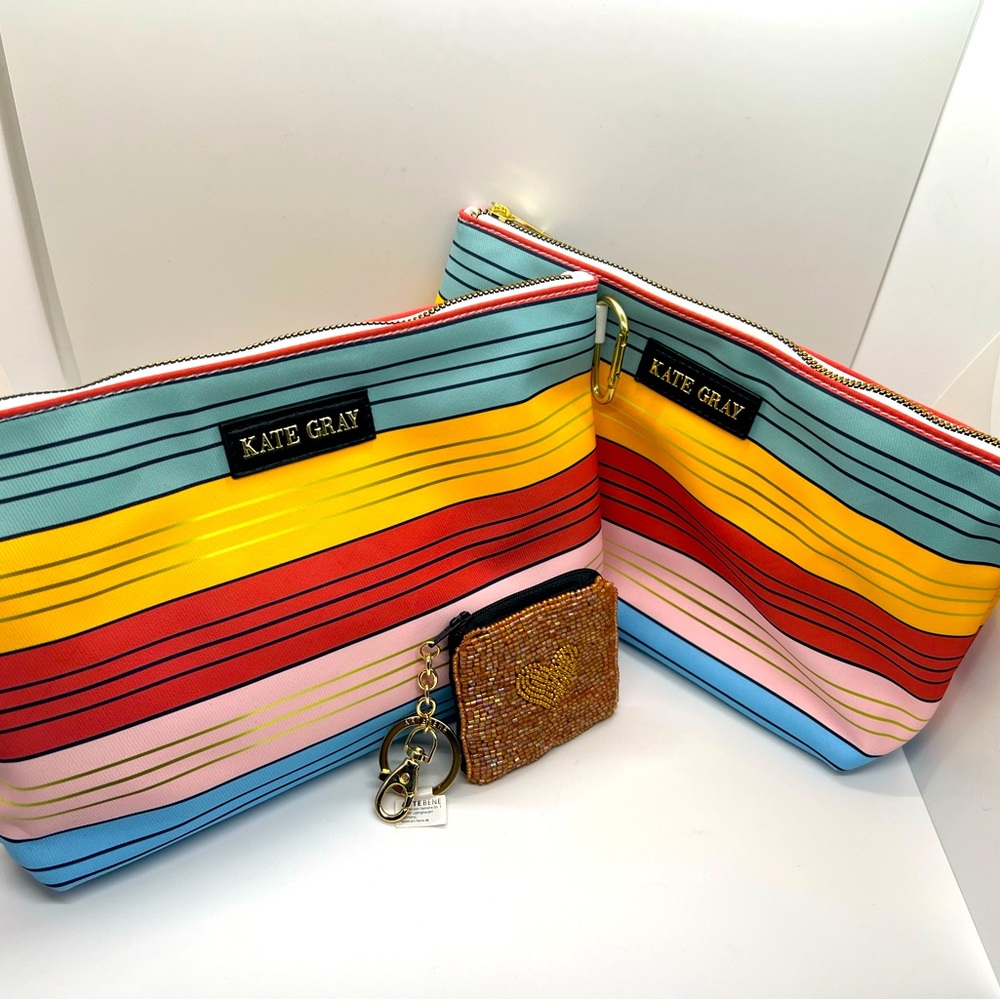 Beauty bags bundle, NWOT Make up bags,golden, red, blue, yellow, pink striped - Picture 1 of 9